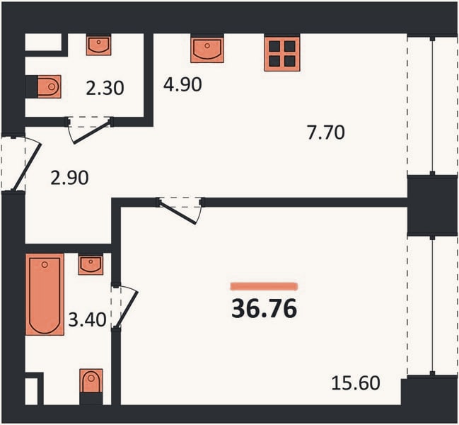 Планировка: 1-к, 36,8 м²