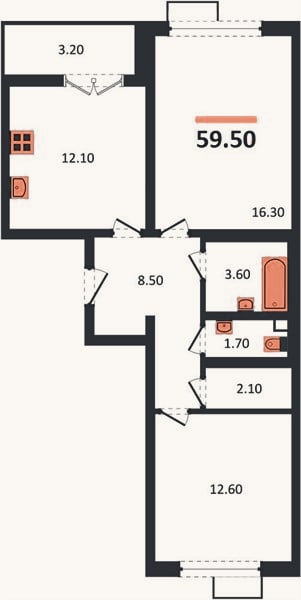 Планировка: 2-к, 59,5 м²