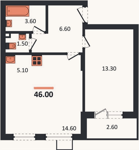 Планировка: 1-к, 46 м²