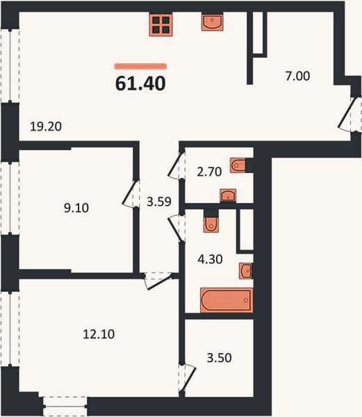 Планировка: 2-к, 61,4 м²