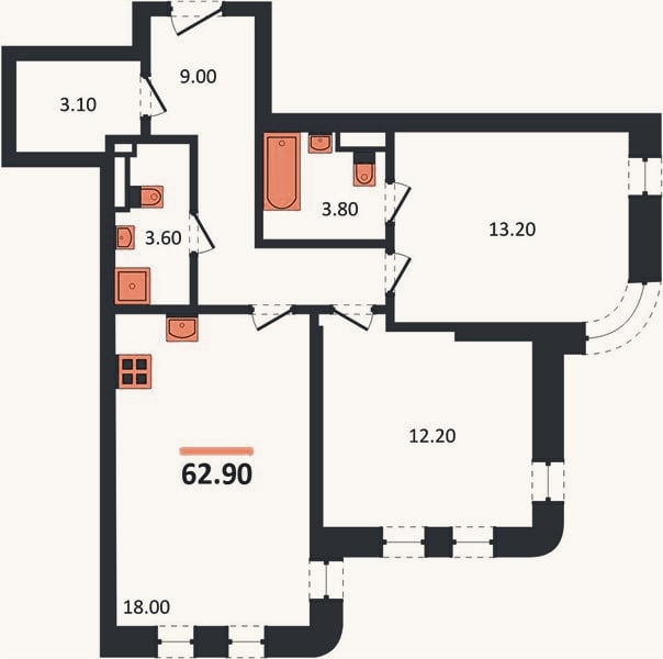 Планировка: 2-к, 62,9 м²