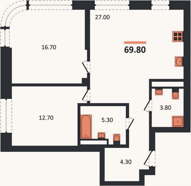 Планировка: 2-к, 69,8 м²