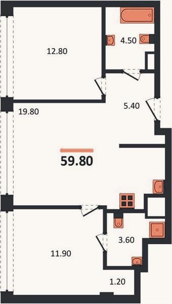 Планировка: 2-к, 59,8 м²