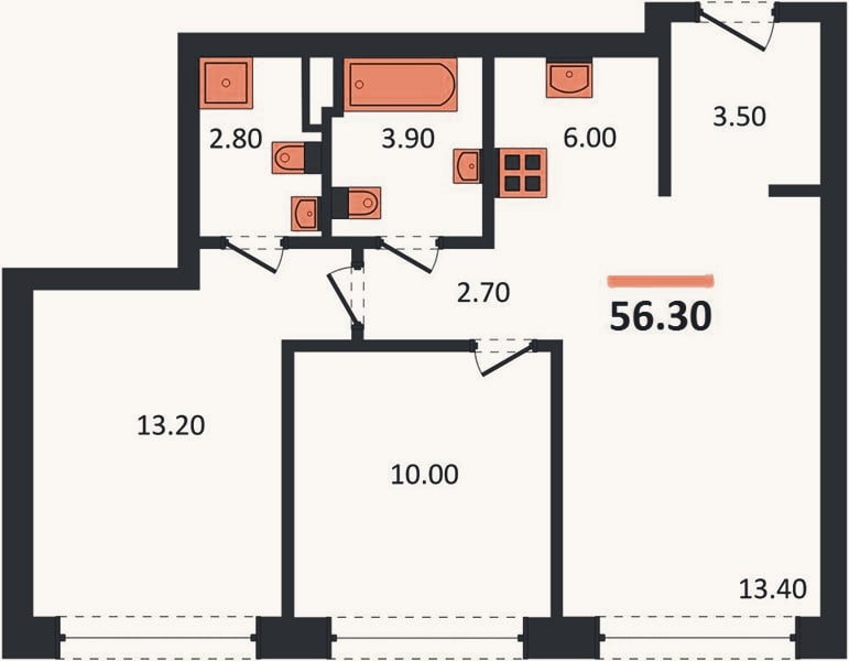 Планировка: 2-к, 56,3 м²