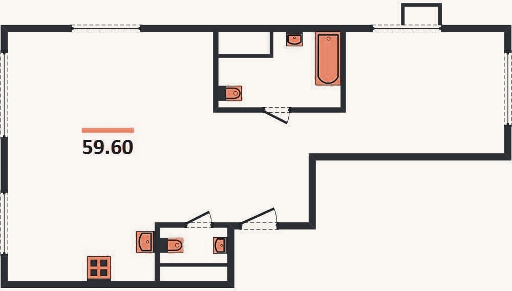 Планировка: 2-к, 59,6 м²
