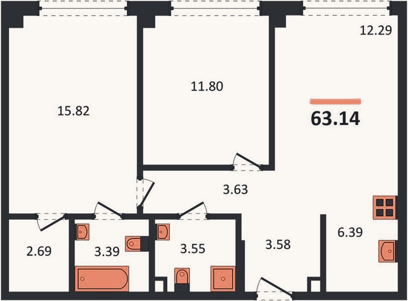 Планировка: 2-к, 63,1 м²