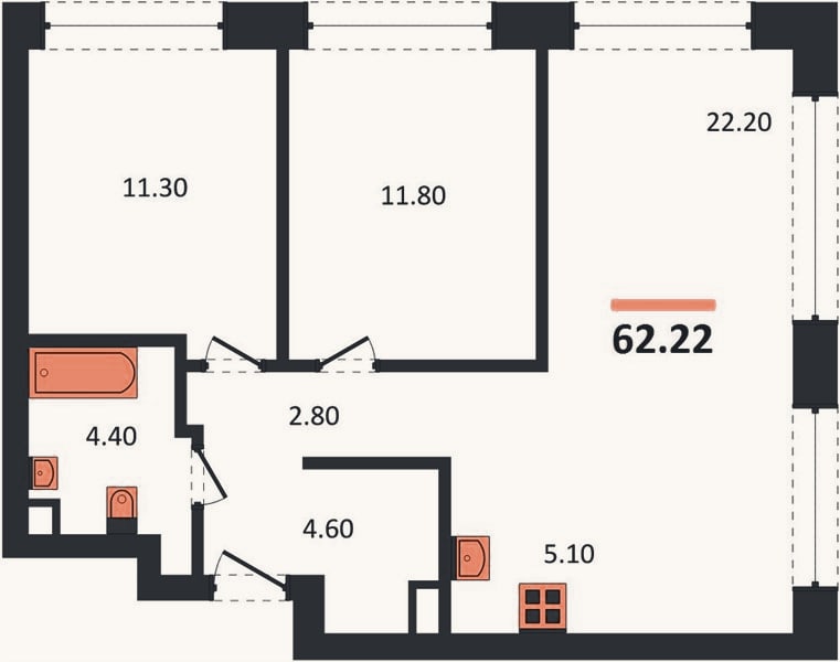 Планировка: 2-к, 62,2 м²