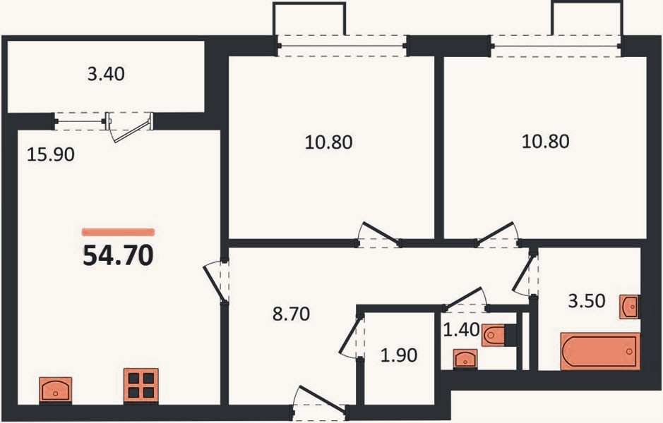 Планировка: 2-к, 54,4 м²