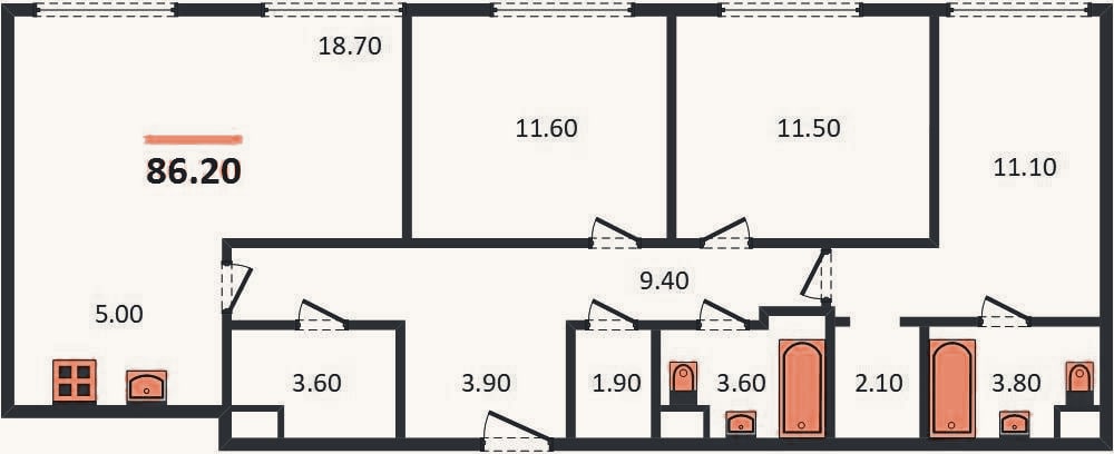 Планировка: 3-к, 86,2 м²
