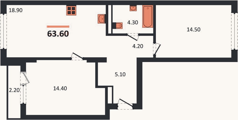 Планировка: 2-к, 63,6 м²