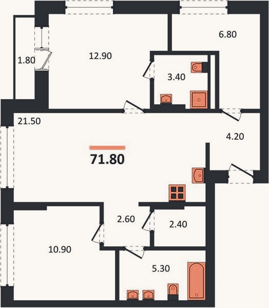 Планировка: 2-к, 71,8 м²