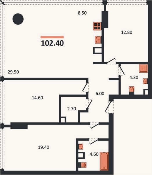 Планировка: 3-к, 102,4 м²