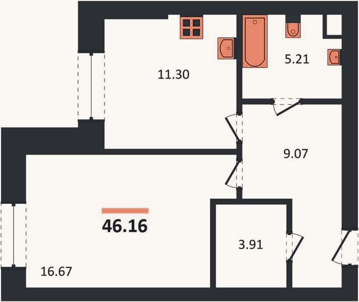 Планировка: 1-к, 46,2 м²