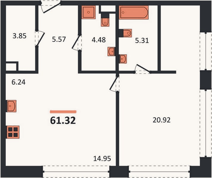 Планировка: 1-к, 61,3 м²