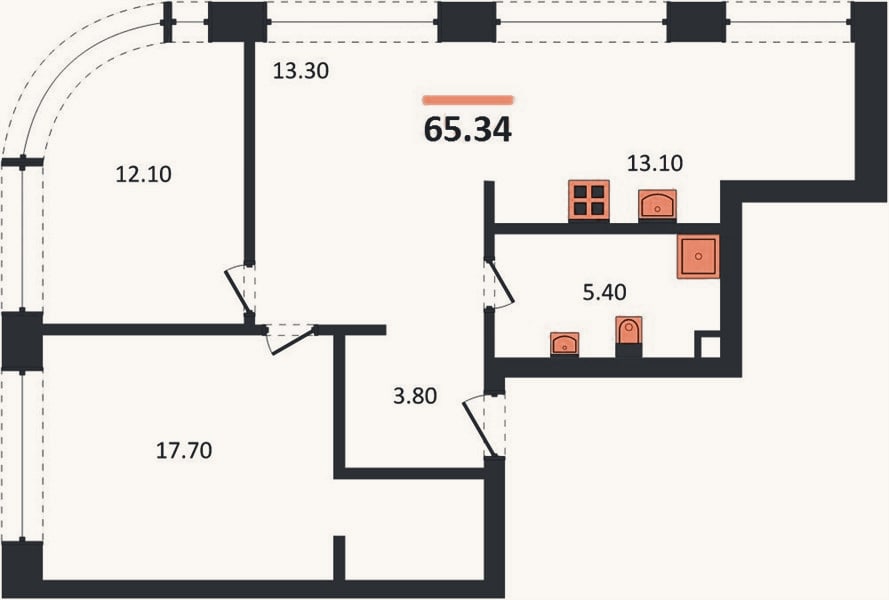Планировка: 2-к, 65,3 м²