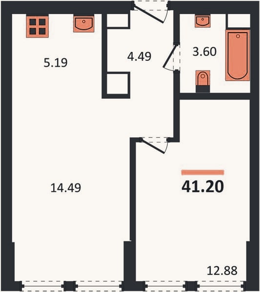 Планировка: 1-к, 41,2 м²