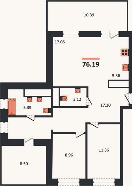 Планировка: 2-к, 76,2 м²