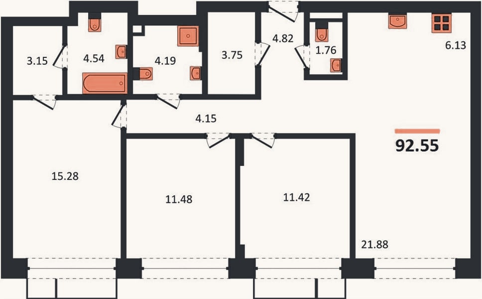 Планировка: 3-к, 92,6 м²