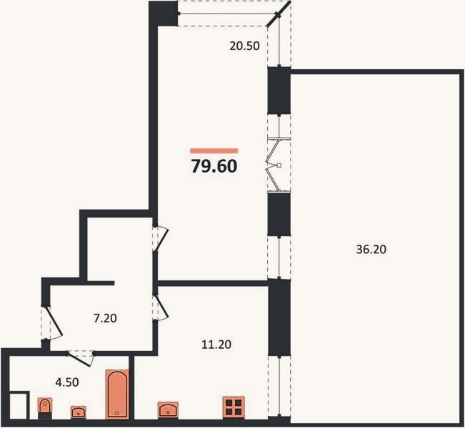Планировка: 1-к, 79,6 м²