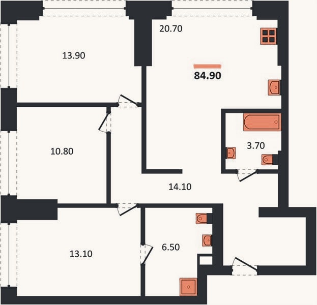 Планировка: 3-к, 84,9 м²