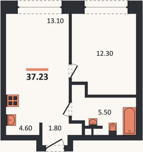 Планировка: 1-к, 37,2 м²