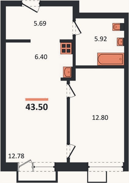 Планировка: 1-к, 43,5 м²