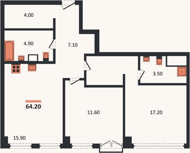 Планировка: 2-к, 64,2 м²