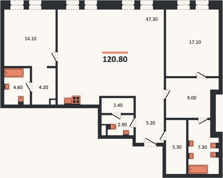 Планировка: 2-к, 120,8 м²