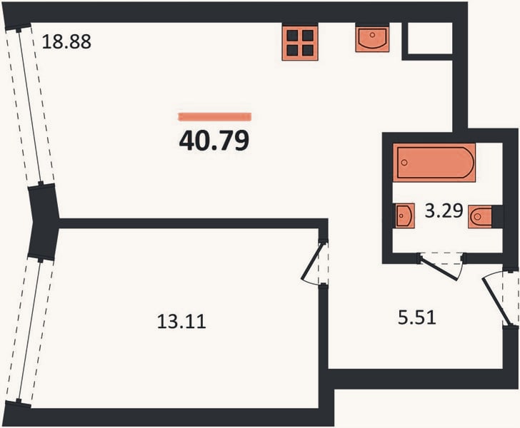 Планировка: 1-к, 40,8 м²