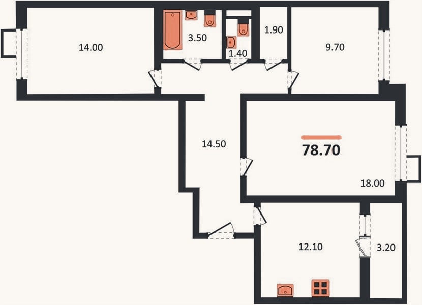 Планировка: 3-к, 78,7 м²