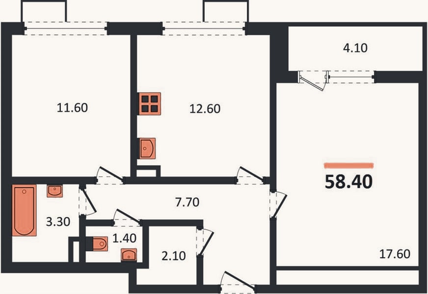 Планировка: 2-к, 58,4 м²