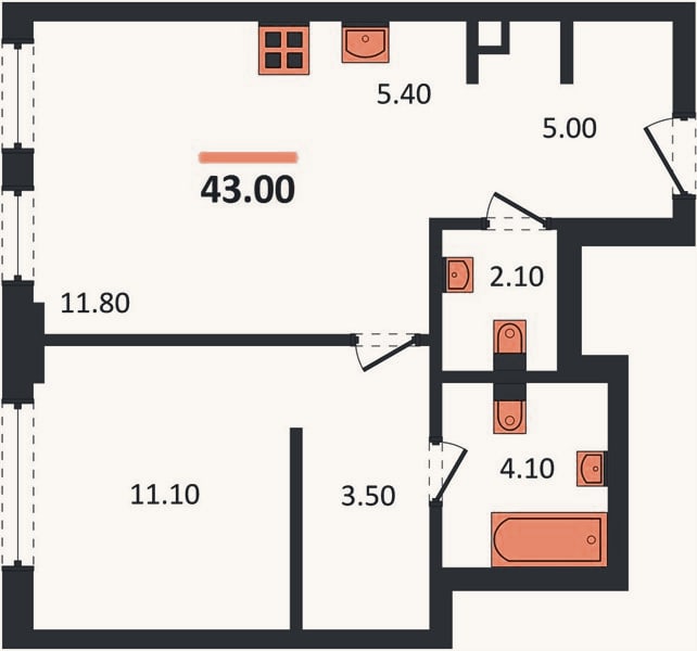 Планировка: 1-к, 43 м²