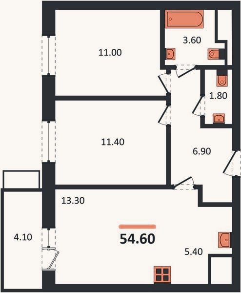 Планировка: 2-к, 54,6 м²