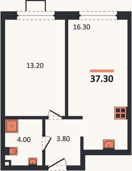 Планировка: 1-к, 37,3 м²