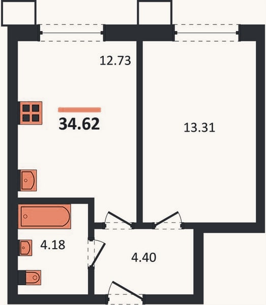 Планировка: 1-к, 34,6 м²