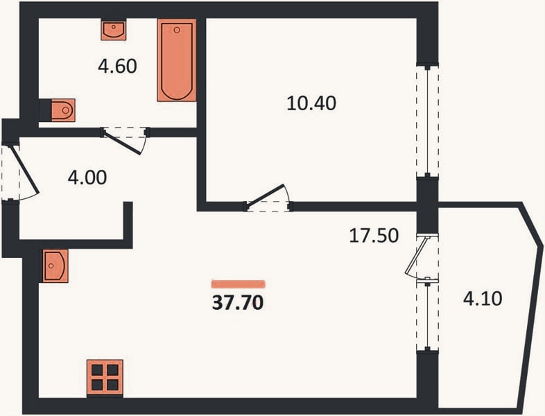 Планировка: 1-к, 37,7 м²