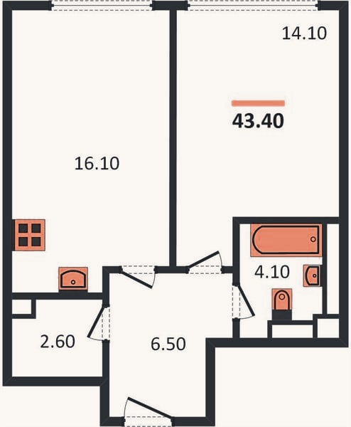 Планировка: 1-к, 43,4 м²