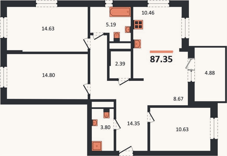 Планировка: 3-к, 87,4 м²