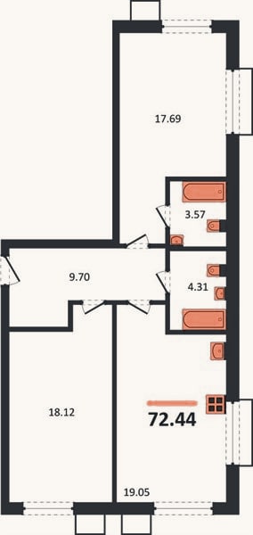 Планировка: 2-к, 72,4 м²