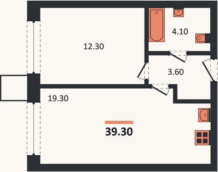 Планировка: 1-к, 39,3 м²