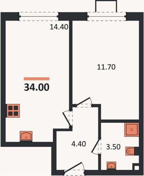 Планировка: 1-к, 34 м²
