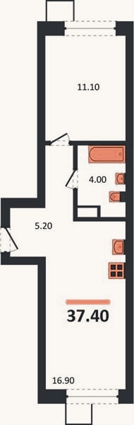 Планировка: 1-к, 37,4 м²