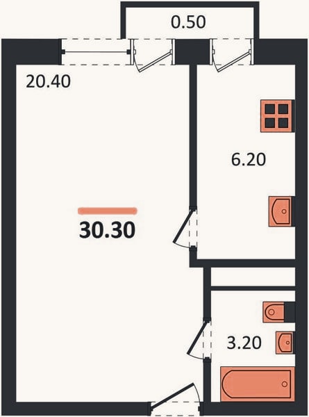Планировка: 1-к, 30,3 м²