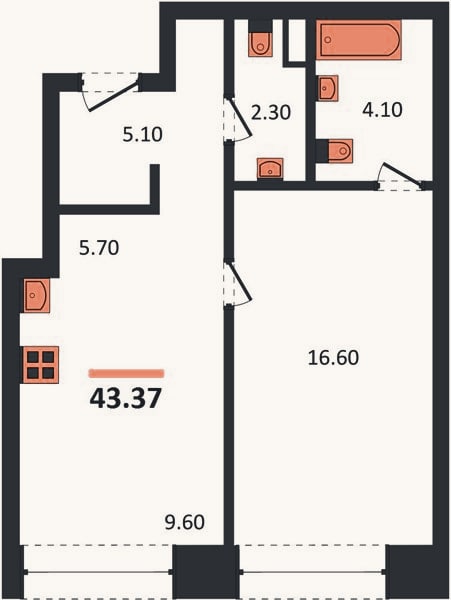 Планировка: 1-к, 43,4 м²