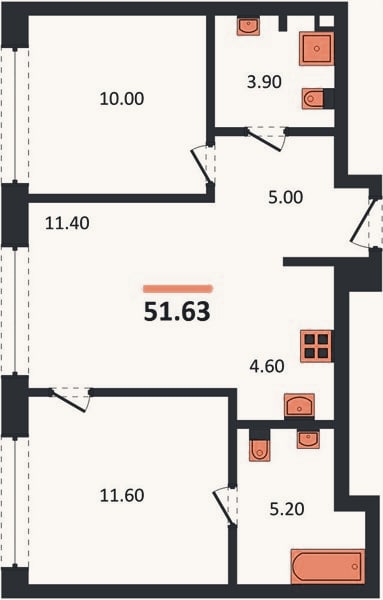 Планировка: 2-к, 51,6 м²