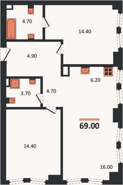 Планировка: 2-к, 69 м²