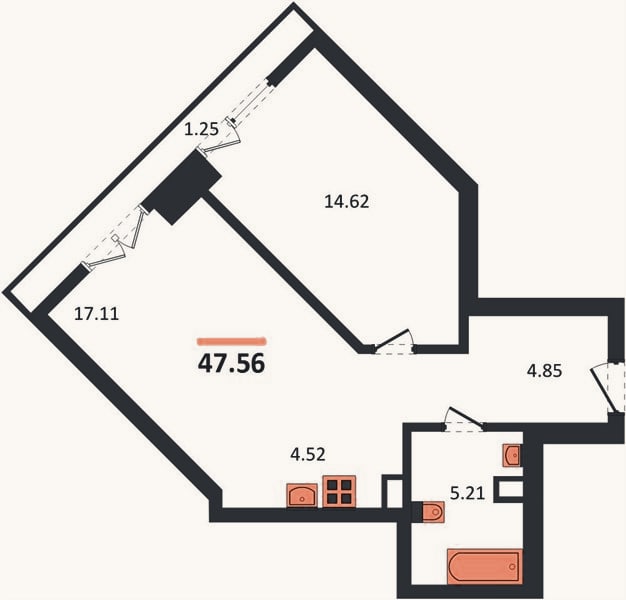 Планировка: 1-к, 47,6 м²