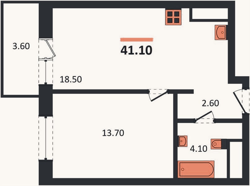 Планировка: 1-к, 41,1 м²