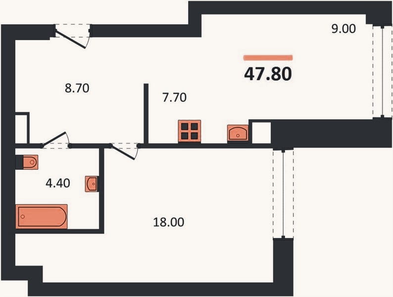 Планировка: 1-к, 47,8 м²