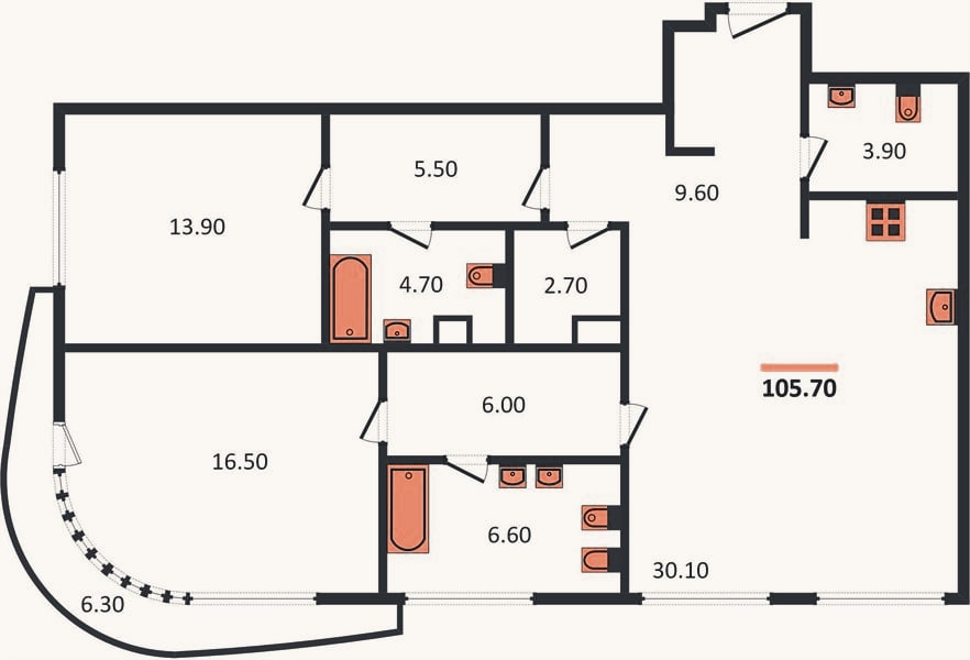 Планировка: 2-к, 105,7 м²